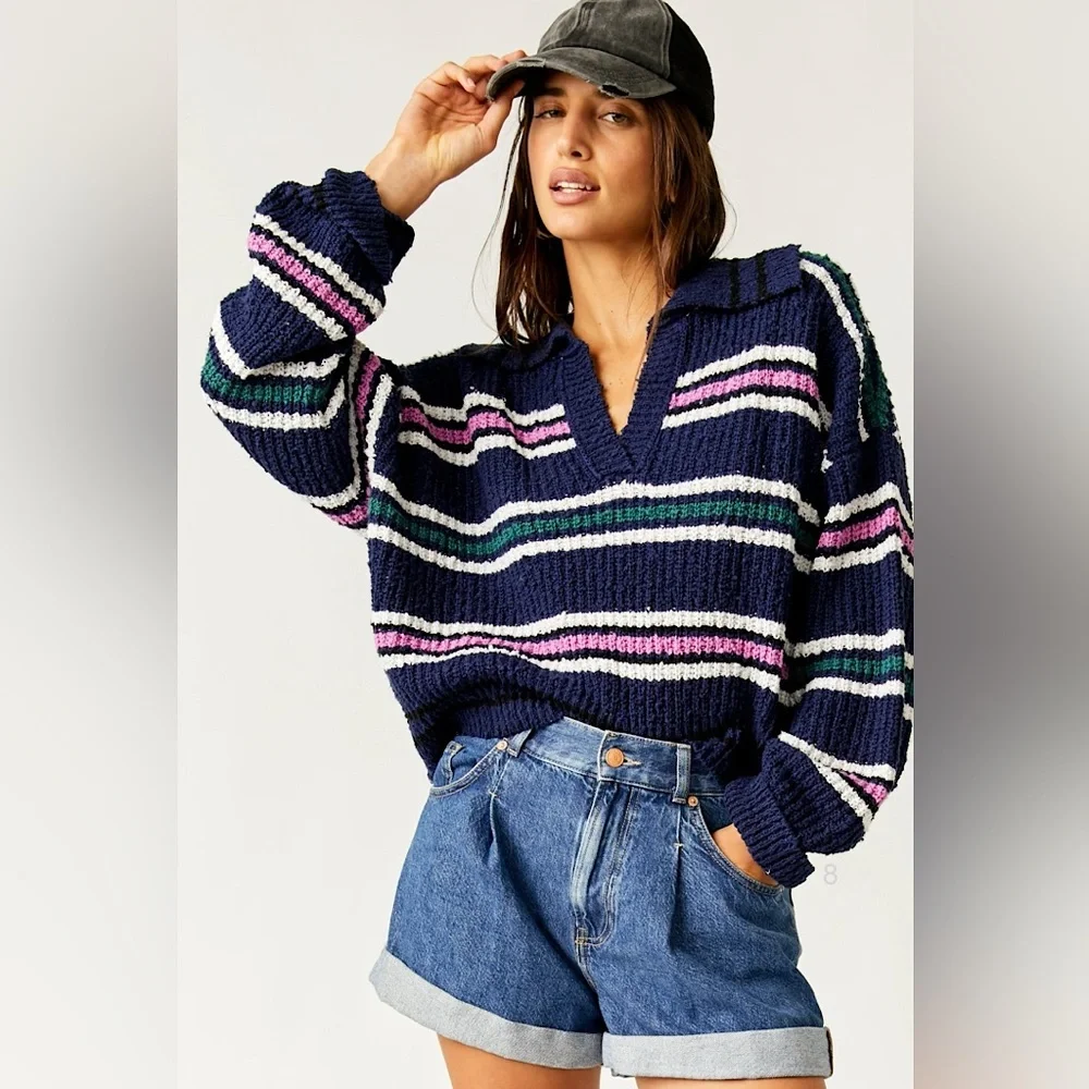 Free People Navy V-Neck Striped Sweater with Pink, Green & White Accents